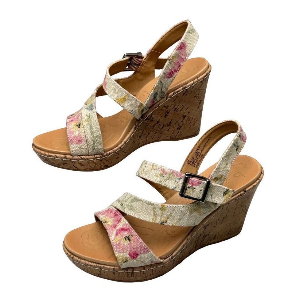 BOC Born Concept Sandal Wedge Cream Floral Ankle Strap Z13733  Size 6